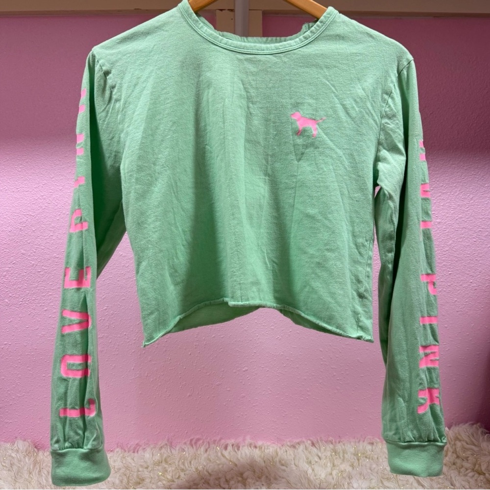 PINK Victoria's Secret Green Crop Top with Pink Logo